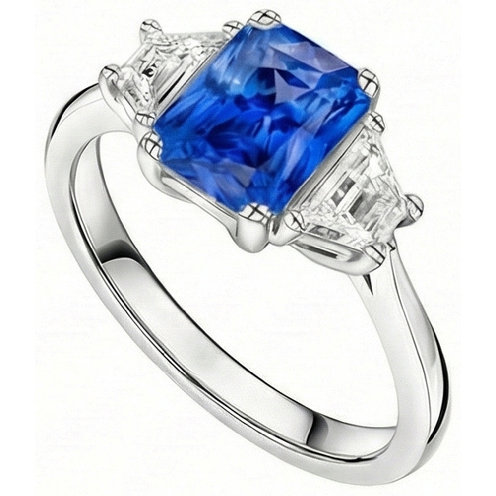 Natural Earth Mined Diamond ( Not Lab Grown ) 3 Stone Sapphire Ring Trapezoid Stones Tapered Shank 3 Carats