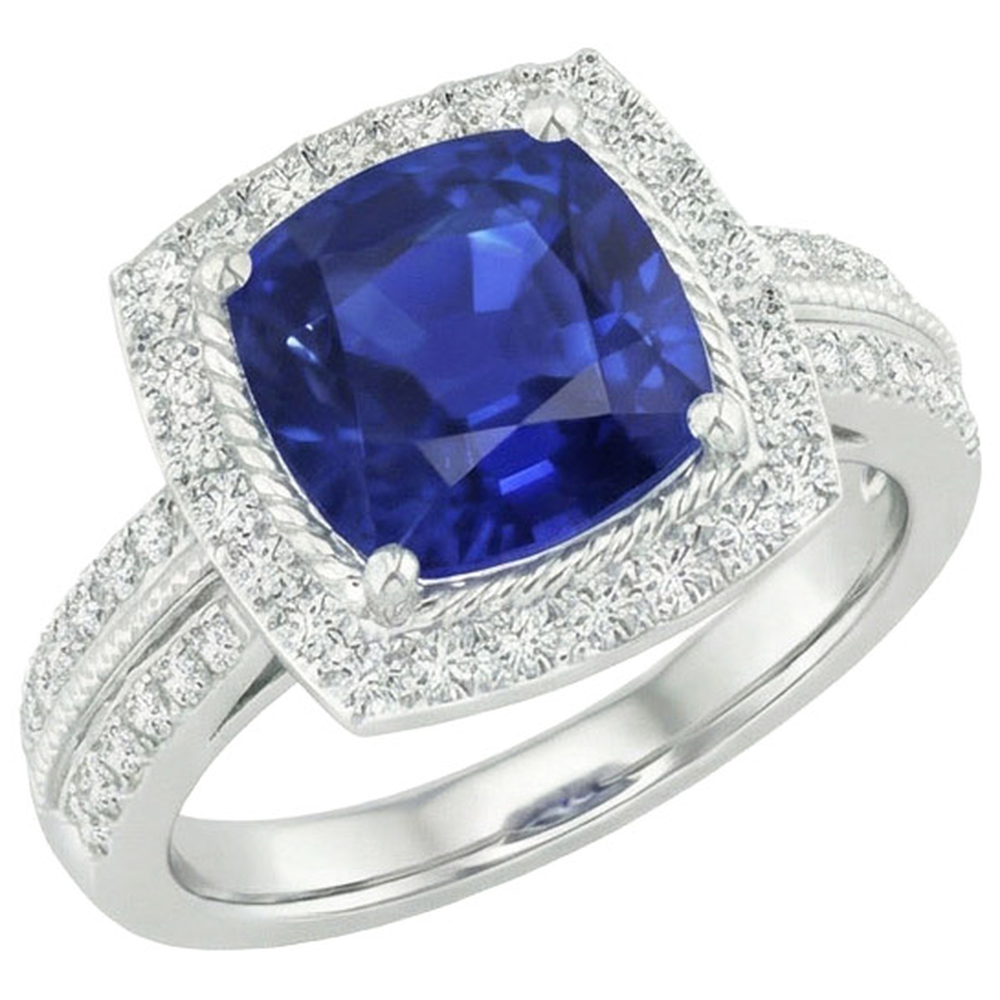 Natural Earth Mined Diamond ( Not Lab Grown )  And Sapphire Halo Engagement Ring 3.70 Carats White Gold 14K