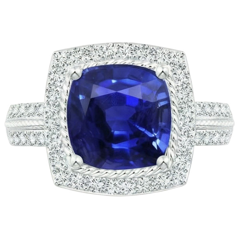 Natural Earth Mined Diamond ( Not Lab Grown )  And Sapphire Halo Engagement Ring 3.70 Carats White Gold 14K