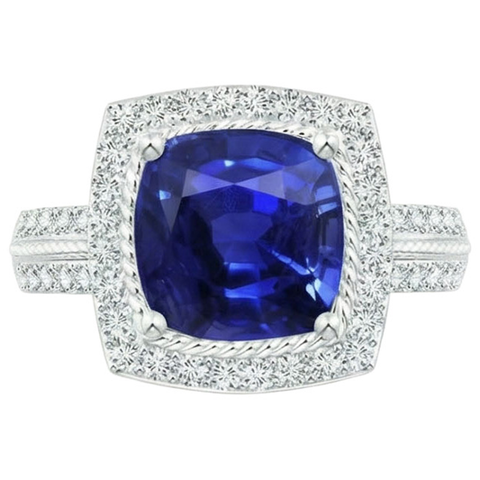 Natural Earth Mined Diamond ( Not Lab Grown )  And Sapphire Halo Engagement Ring 3.70 Carats White Gold 14K