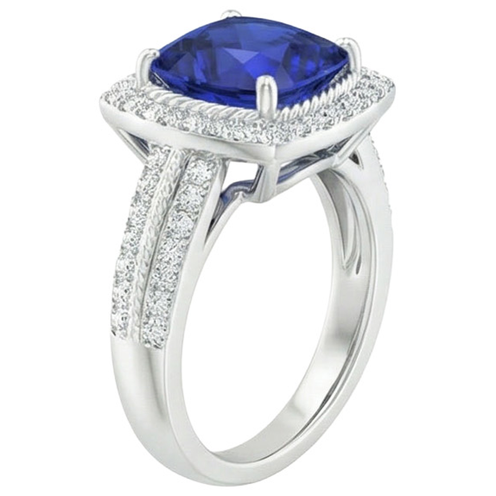 Natural Earth Mined Diamond ( Not Lab Grown )  And Sapphire Halo Engagement Ring 3.70 Carats White Gold 14K