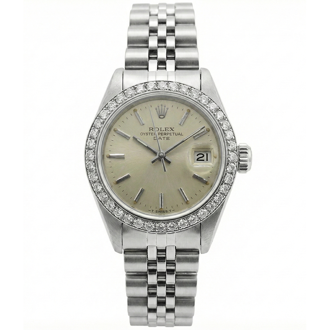 Natural Earth Mined Diamond Bezel Gray Stick Dial Date Watch Stainless Steel Jubilee