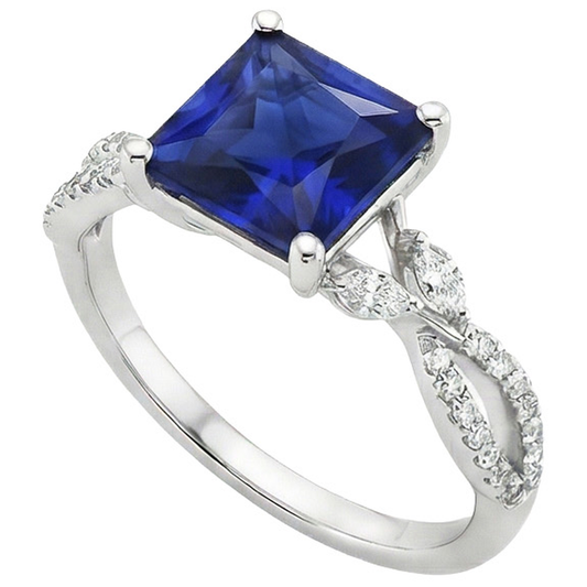Natural Earth Mined Diamond ( Not Lab Grown ) Engagement Ring Princess Sri Lankan Sapphire & Accents 6 Carat