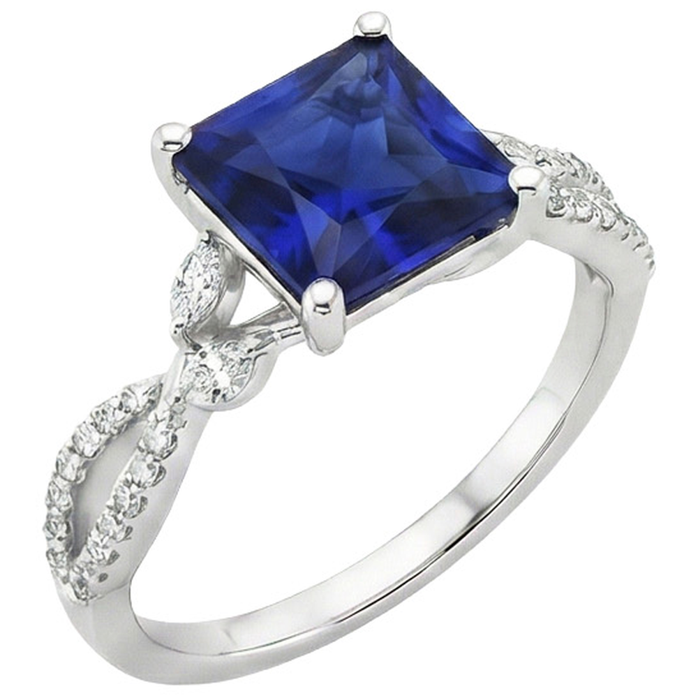 Natural Earth Mined Diamond ( Not Lab Grown ) Engagement Ring Princess Sri Lankan Sapphire & Accents 6 Carat