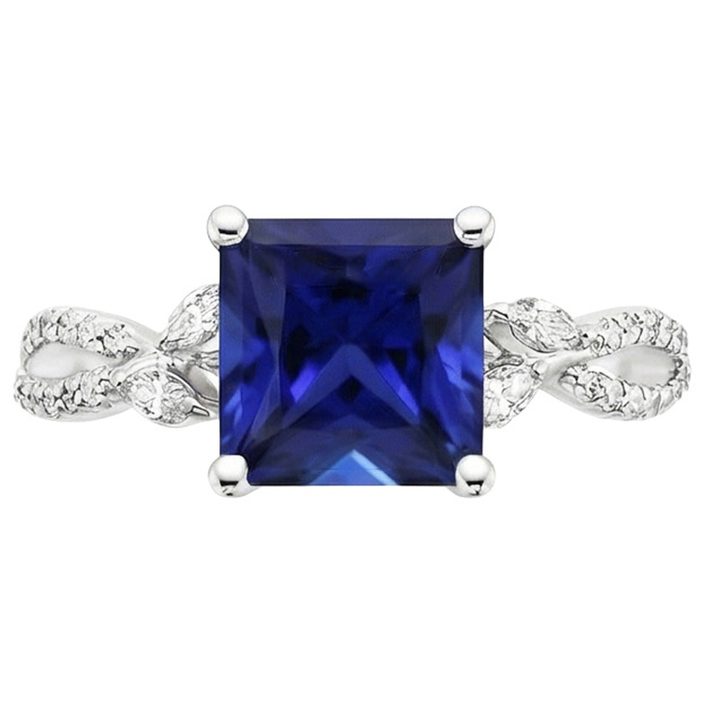 Natural Earth Mined Diamond ( Not Lab Grown ) Engagement Ring Princess Sri Lankan Sapphire & Accents 6 Carat