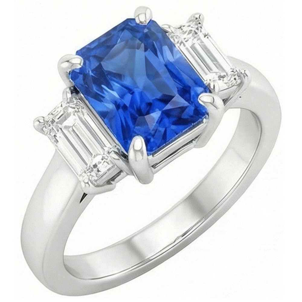 Natural Earth Mined Diamond ( Not Lab Grown ) Gemstone Jewelry 2 Carats Ceylon Sapphire Ring Prong Baguettes