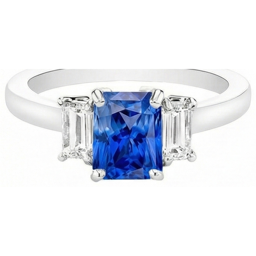 Natural Earth Mined Diamond ( Not Lab Grown ) Gemstone Jewelry 2 Carats Ceylon Sapphire Ring Prong Baguettes