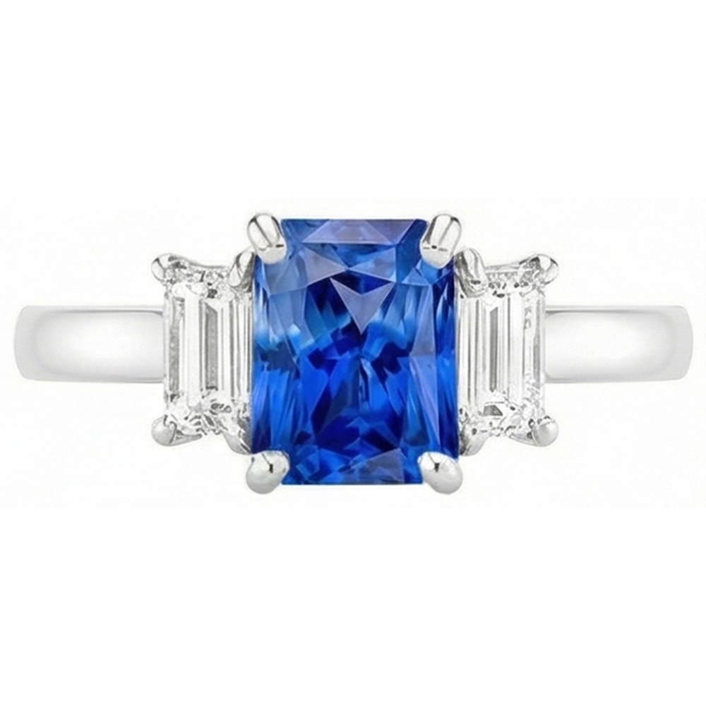 Natural Earth Mined Diamond ( Not Lab Grown ) Gemstone Jewelry 2 Carats Ceylon Sapphire Ring Prong Baguettes