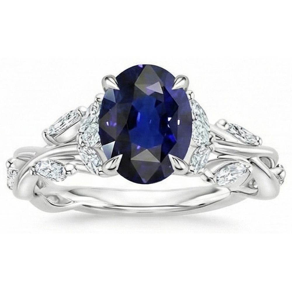 Natural Earth Mined Diamond ( Not Lab Grown ) Gemstone Ring Leaf Style Oval Cut Blue Sapphire 5 Carats