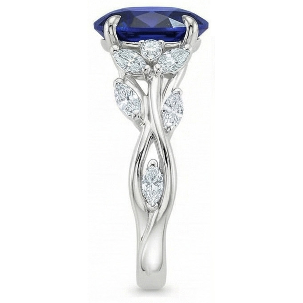 Natural Earth Mined Diamond ( Not Lab Grown ) Gemstone Ring Leaf Style Oval Cut Blue Sapphire 5 Carats