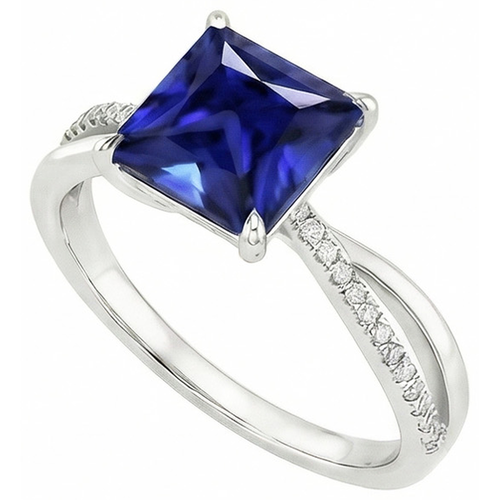 Natural Earth Mined Diamond ( Not Lab Grown ) Halo Ring Ceylon Sapphire 5.50 Carat Princess with Accents