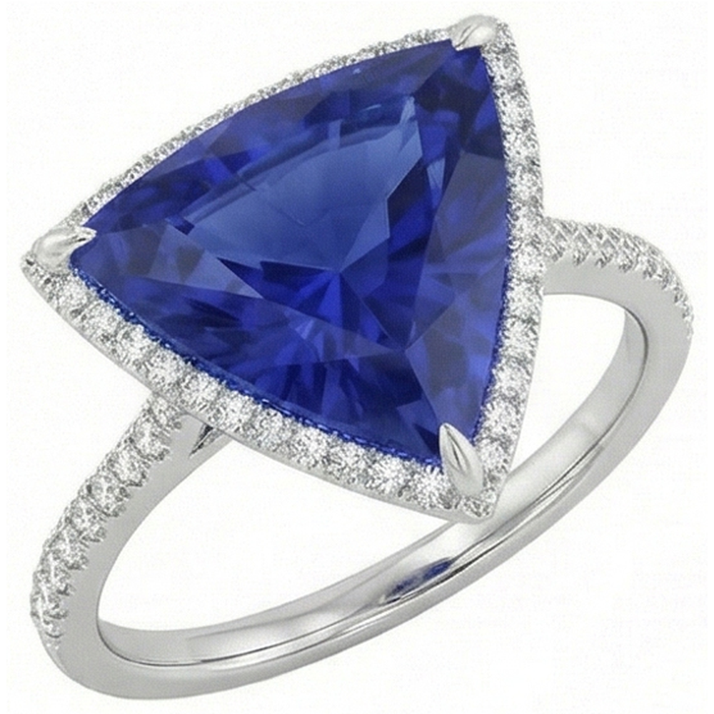 Natural Earth Mined Diamond ( Not Lab Grown ) Halo Ring Trillion Shaped Deep Blue Sapphire 4 Carats