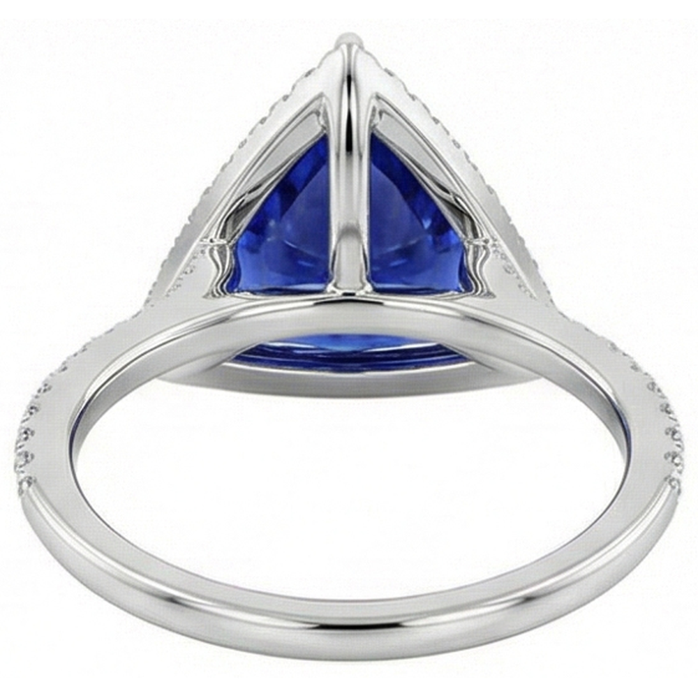 Natural Earth Mined Diamond ( Not Lab Grown ) Halo Ring Trillion Shaped Deep Blue Sapphire 4 Carats