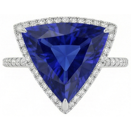 Natural Earth Mined Diamond ( Not Lab Grown ) Halo Ring Trillion Shaped Deep Blue Sapphire 4 Carats