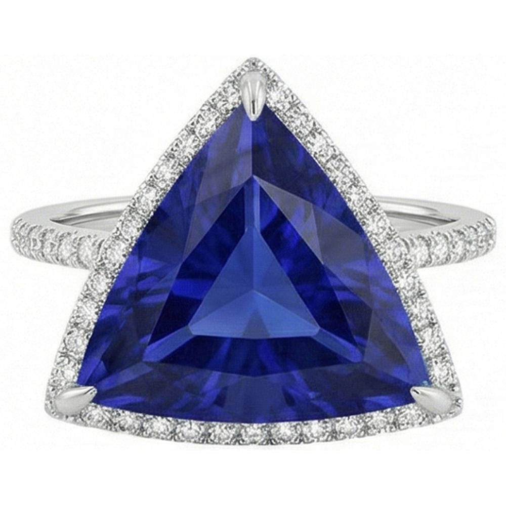 Natural Earth Mined Diamond ( Not Lab Grown ) Halo Ring Trillion Shaped Deep Blue Sapphire 4 Carats