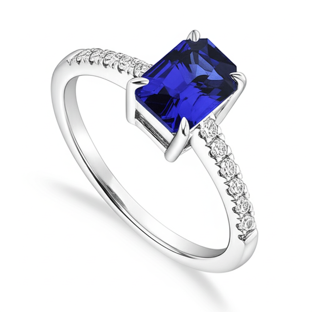 Natural Earth Mined Diamond Solitaire Accents Ring Emerald Blue Sapphire 4 Carats