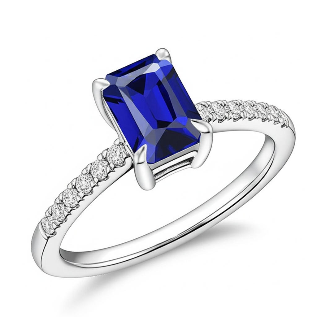 Natural Earth Mined Diamond Solitaire Accents Ring Emerald Blue Sapphire 4 Carats