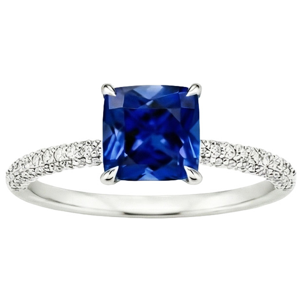 Natural Earth Mined Diamond ( Not Lab Grown ) Solitaire Ring Cushion Blue Sapphire With Accents 3.25 Carats