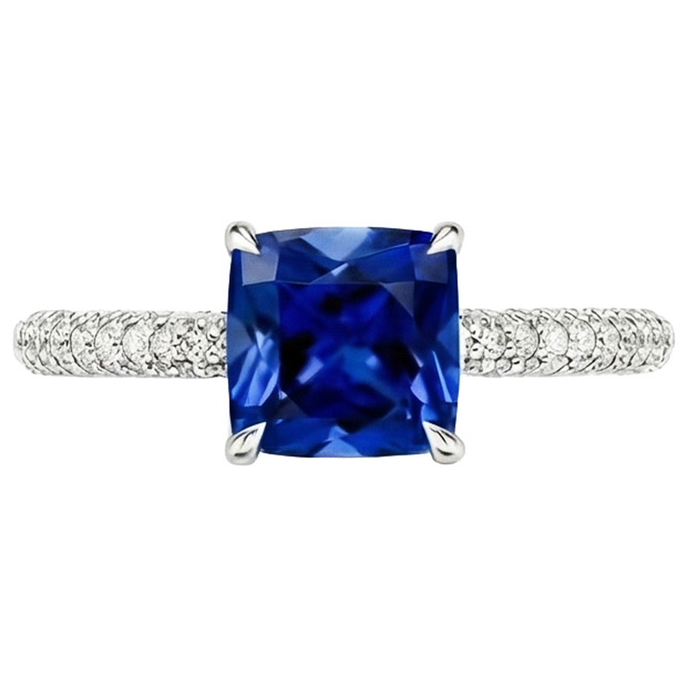 Natural Earth Mined Diamond ( Not Lab Grown ) Solitaire Ring Cushion Blue Sapphire With Accents 3.25 Carats