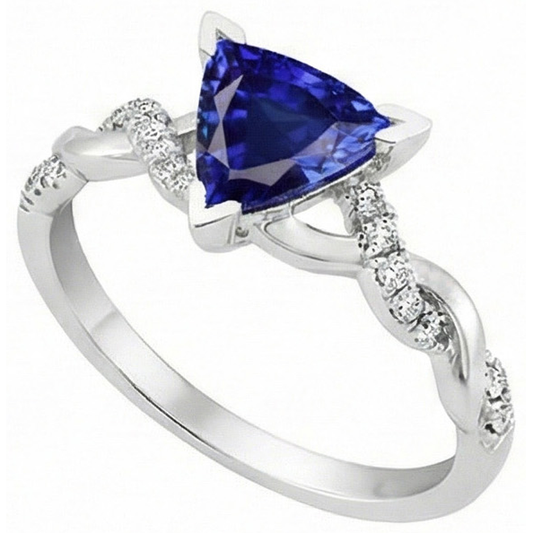 Natural Earth Mined Diamond ( Not Lab Grown ) Trillion V Prong Blue Sapphire Ring 2 Carats Twisted Style