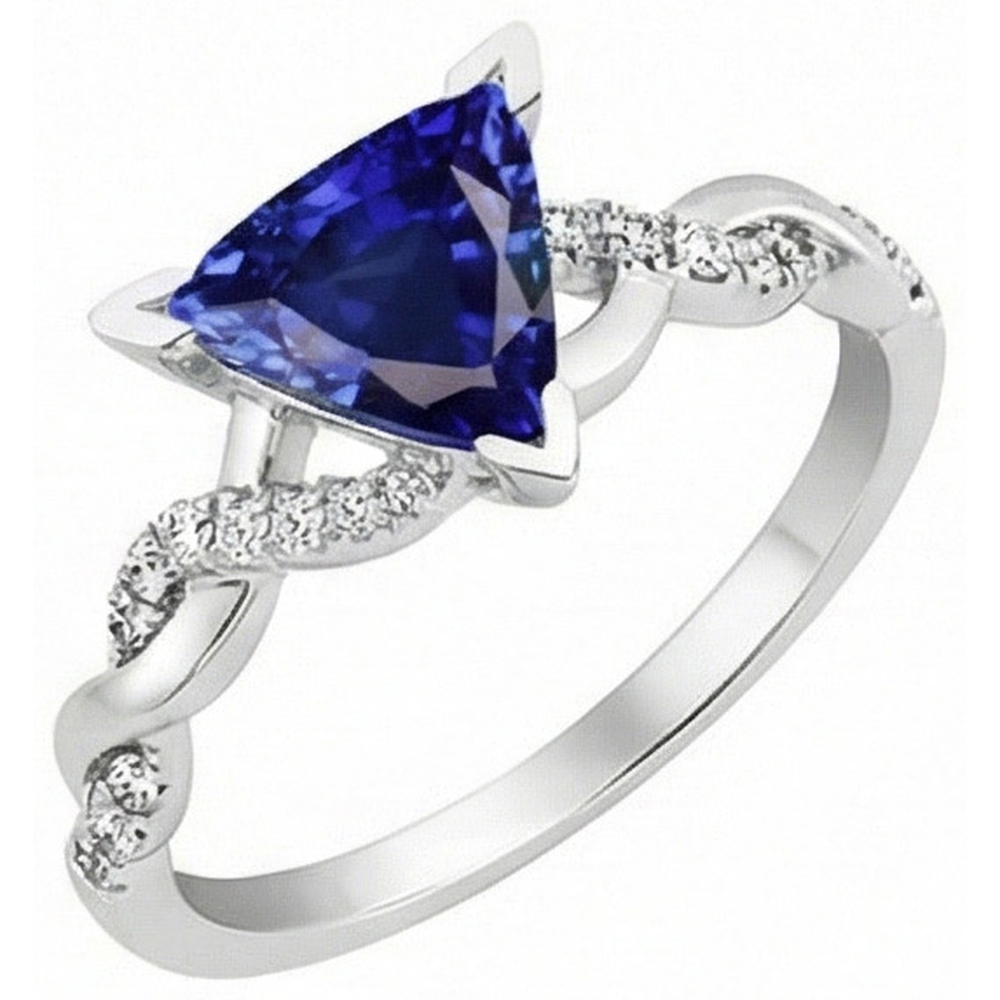Natural Earth Mined Diamond ( Not Lab Grown ) Trillion V Prong Blue Sapphire Ring 2 Carats Twisted Style