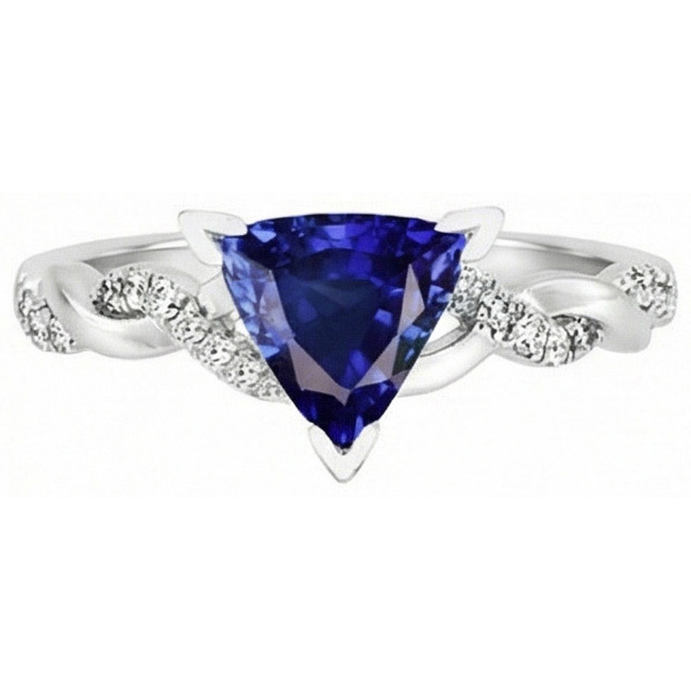 Natural Earth Mined Diamond ( Not Lab Grown ) Trillion V Prong Blue Sapphire Ring 2 Carats Twisted Style
