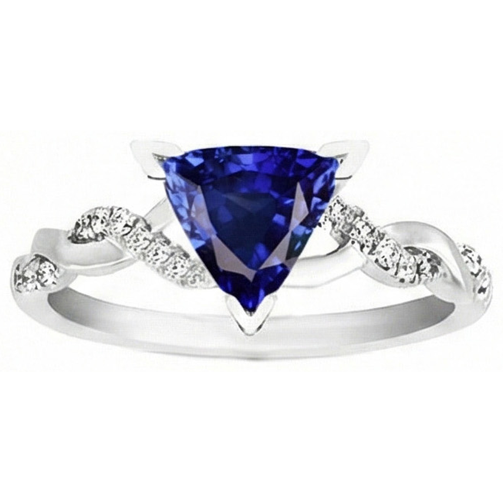Natural Earth Mined Diamond ( Not Lab Grown ) Trillion V Prong Blue Sapphire Ring 2 Carats Twisted Style