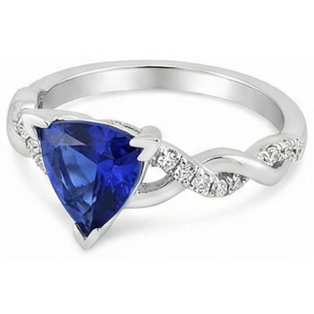 Natural Earth Mined Diamond ( Not Lab Grown ) Trillion V Prong Blue Sapphire Ring 2 Carats Twisted Style