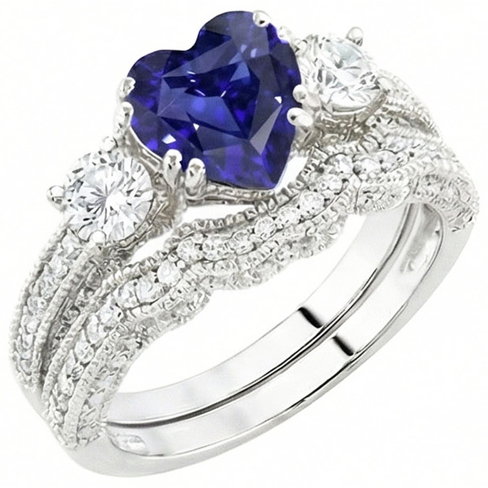 Natural Earth Mined Diamond Wedding Ring Set Heart Blue Sapphire Antique Style 3.50 Carats