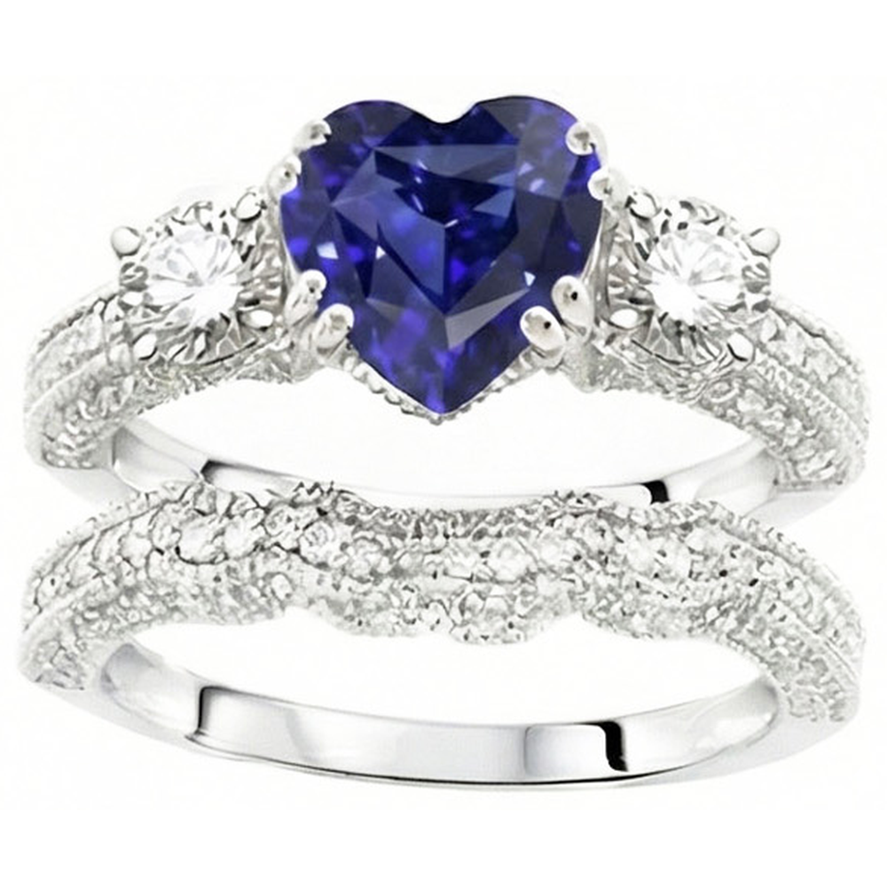 Natural Earth Mined Diamond Wedding Ring Set Heart Blue Sapphire Antique Style 3.50 Carats