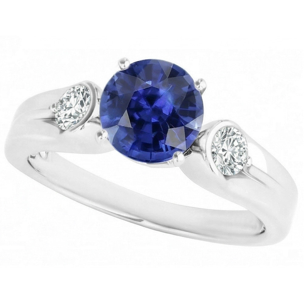 Natural Earth Mined Diamond ( Not Lab Grown ) 3 Stone Ring Sri Lankan Sapphire Round Cut 2.50 Carats