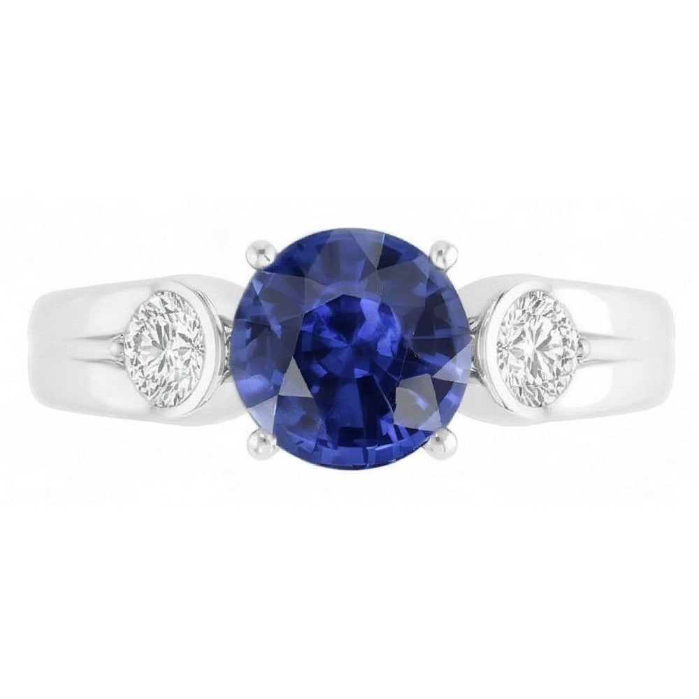 Natural Earth Mined Diamond ( Not Lab Grown ) 3 Stone Ring Sri Lankan Sapphire Round Cut 2.50 Carats