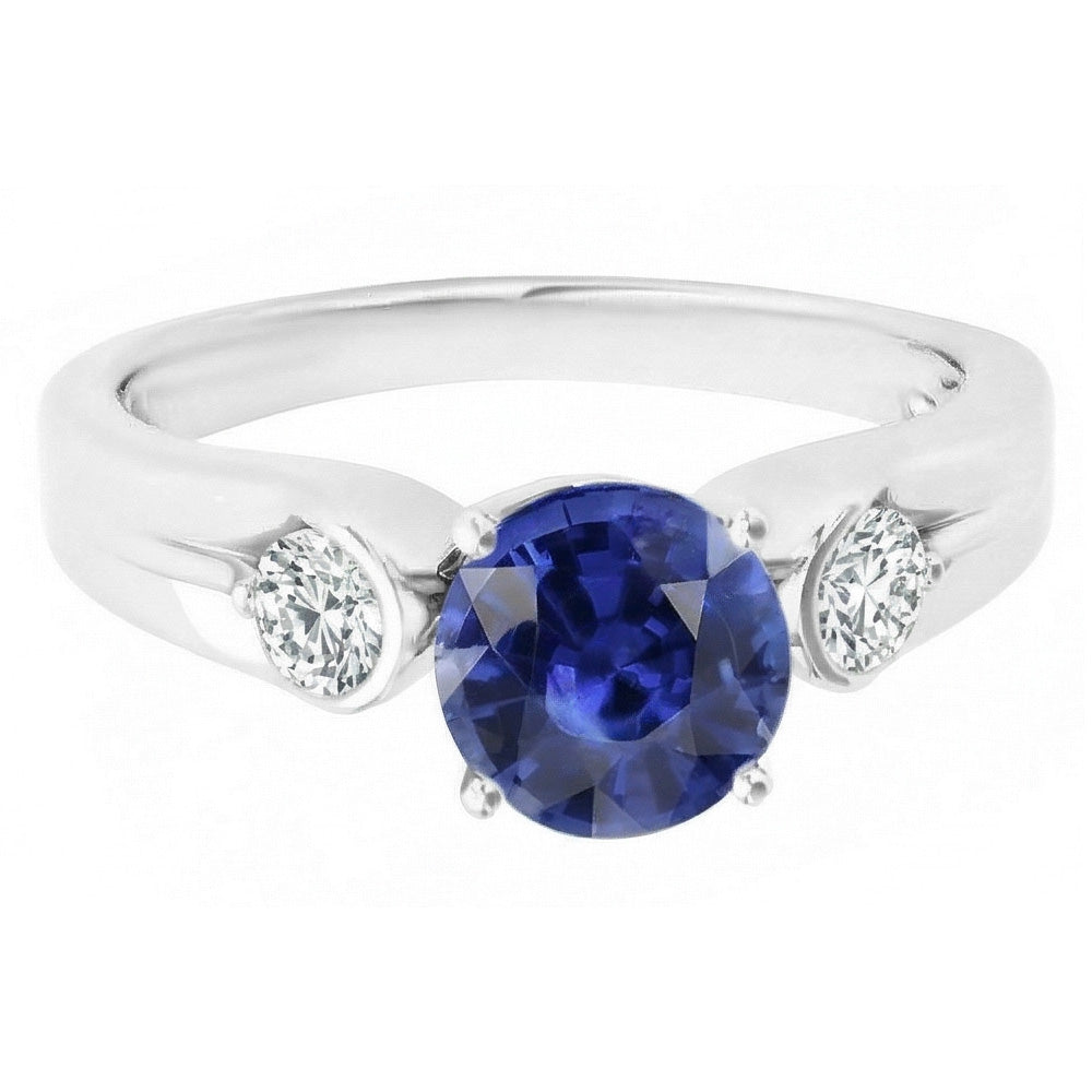 Natural Earth Mined Diamond ( Not Lab Grown ) 3 Stone Ring Sri Lankan Sapphire Round Cut 2.50 Carats