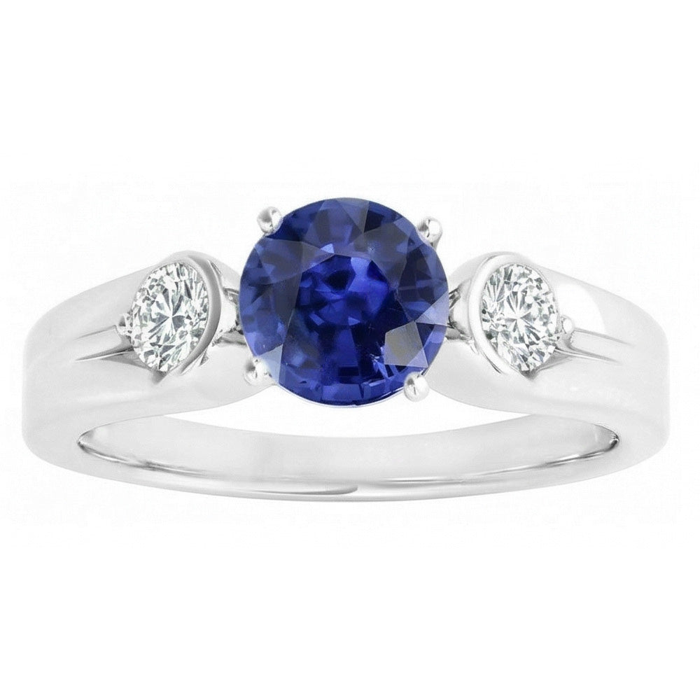 Natural Earth Mined Diamond ( Not Lab Grown ) 3 Stone Ring Sri Lankan Sapphire Round Cut 2.50 Carats