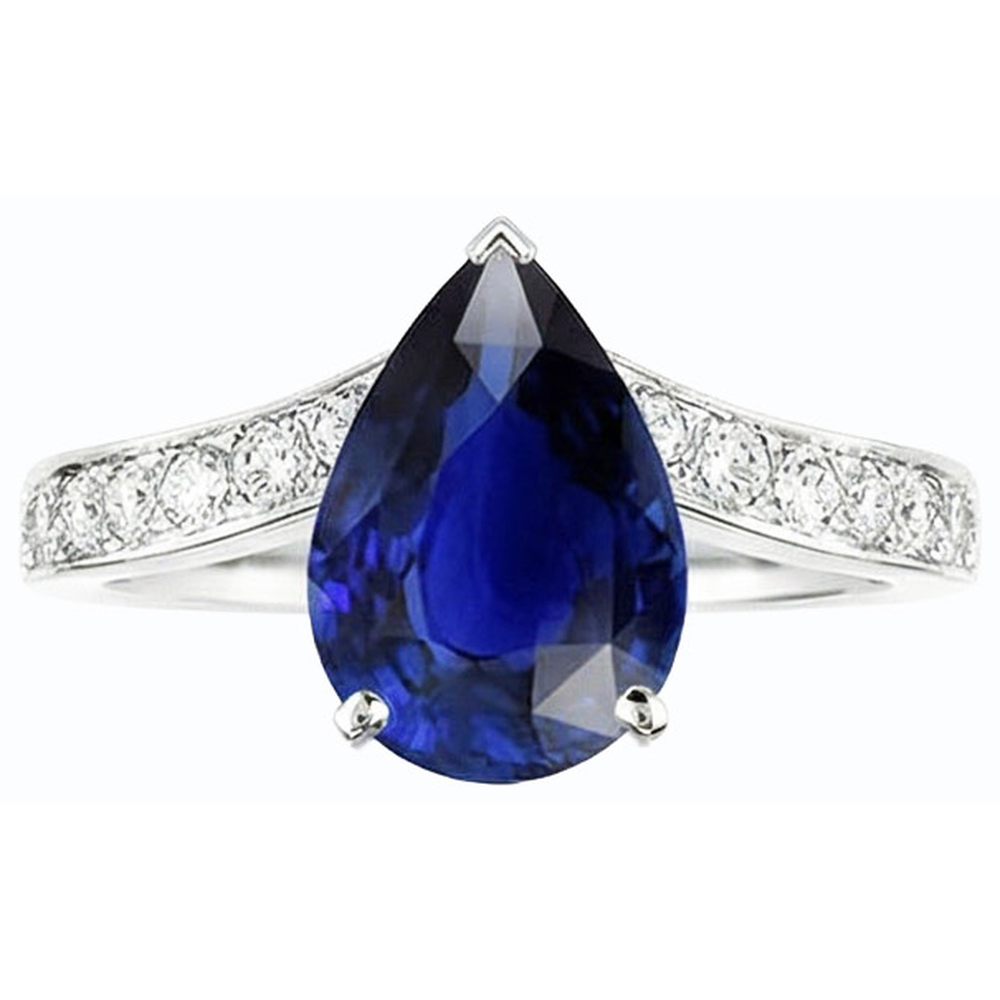 Natural Earth Mined Diamond ( Not Lab Grown ) Anniversary Ring Pear Ceylon Sapphire 4 Carats Ladies Jewelry