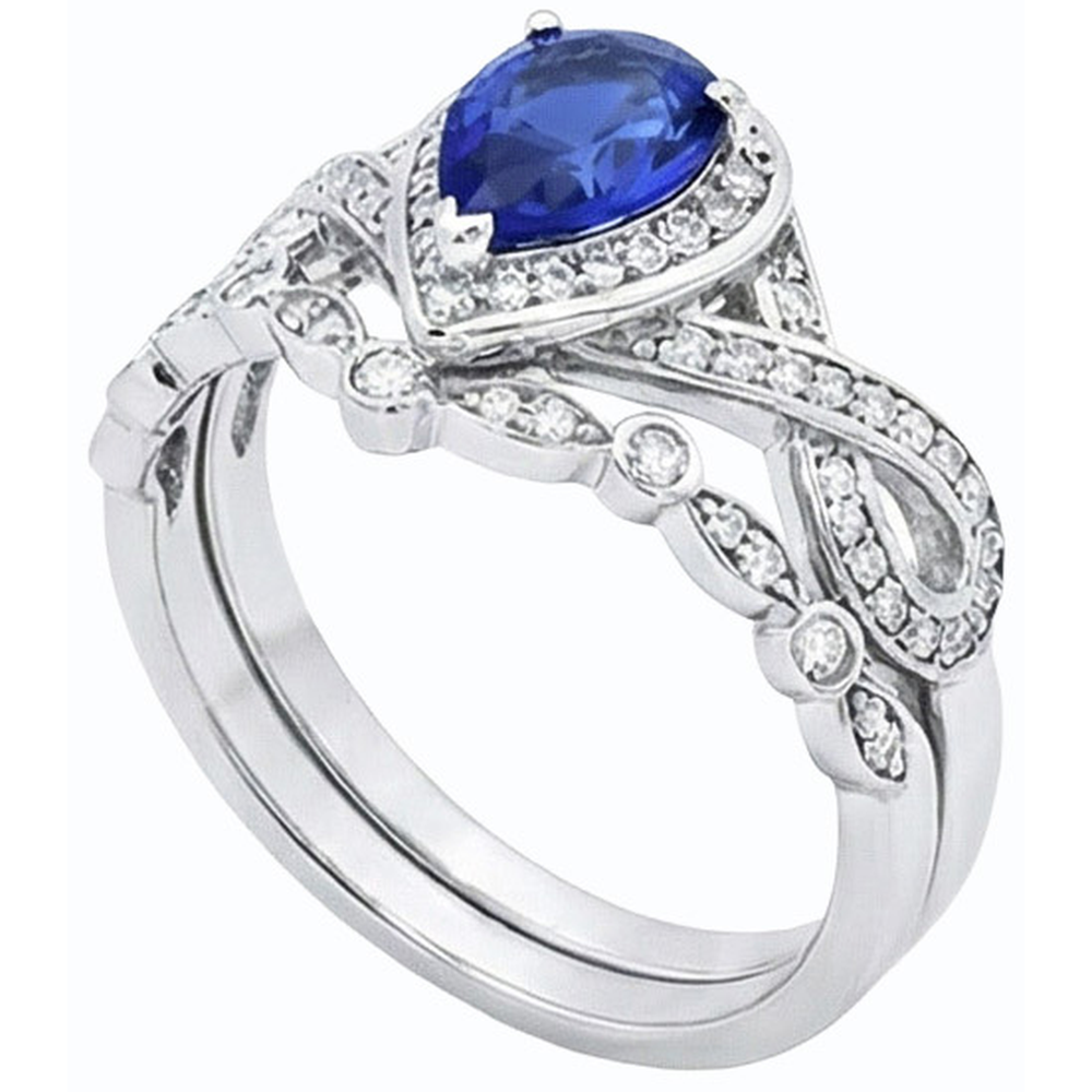 Natural Earth Mined Diamond ( Not Lab Grown ) Ceylon Sapphire Wedding Ring Set Crown Style 3.50 Carats