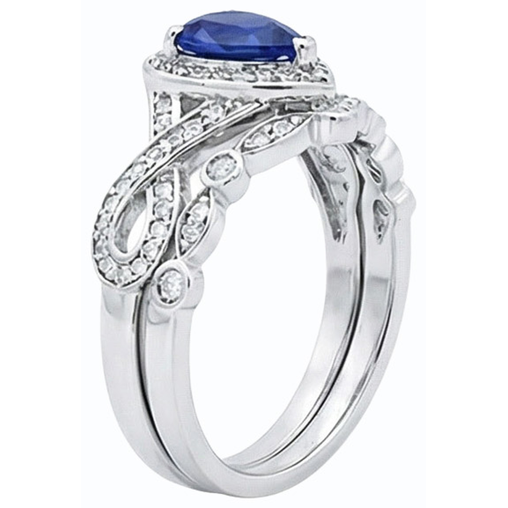 Natural Earth Mined Diamond ( Not Lab Grown ) Ceylon Sapphire Wedding Ring Set Crown Style 3.50 Carats