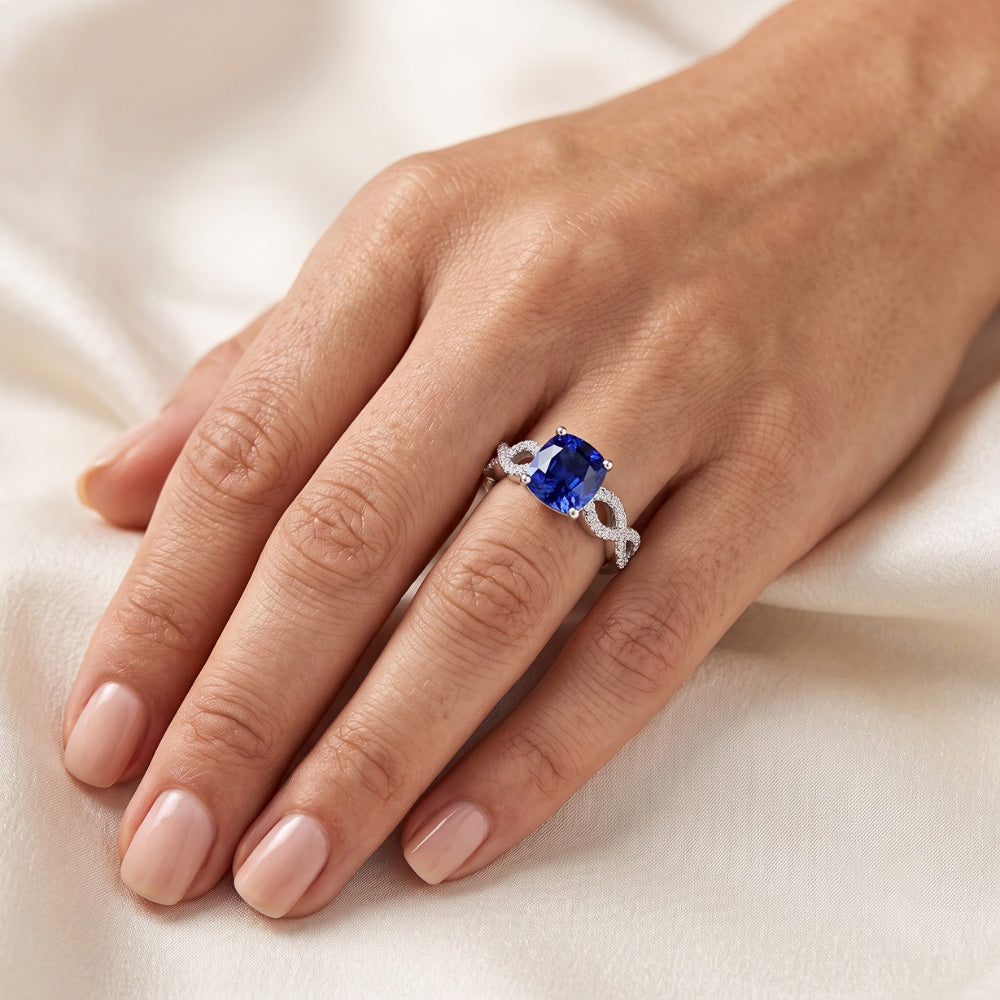 Natural Earth Mined Diamond ( Not Lab Grown ) Cushion Blue Sapphire Gemstone Ring Infinity Style 3 Carats