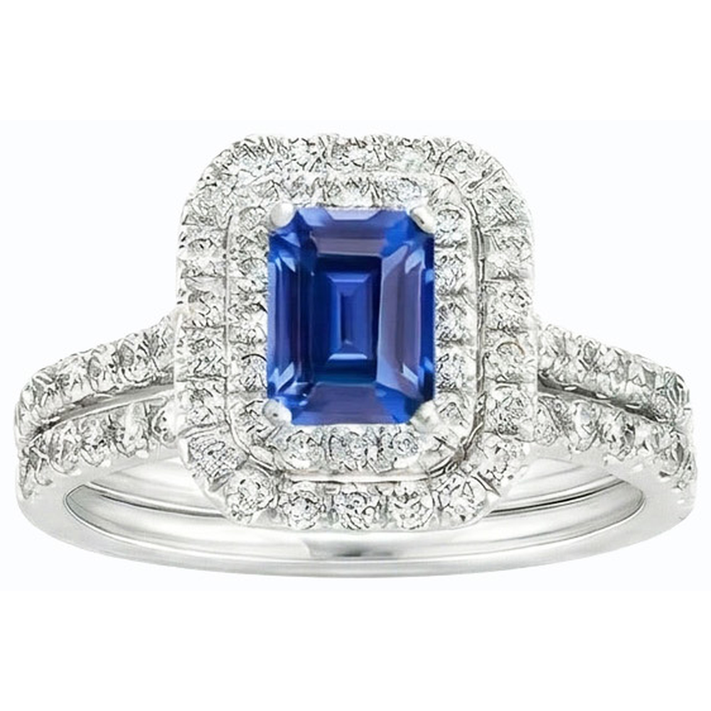 Natural Earth Mined Diamond ( Not Lab Grown ) Double Halo Emerald Blue Sapphire Wedding Ring Set 5 Carats