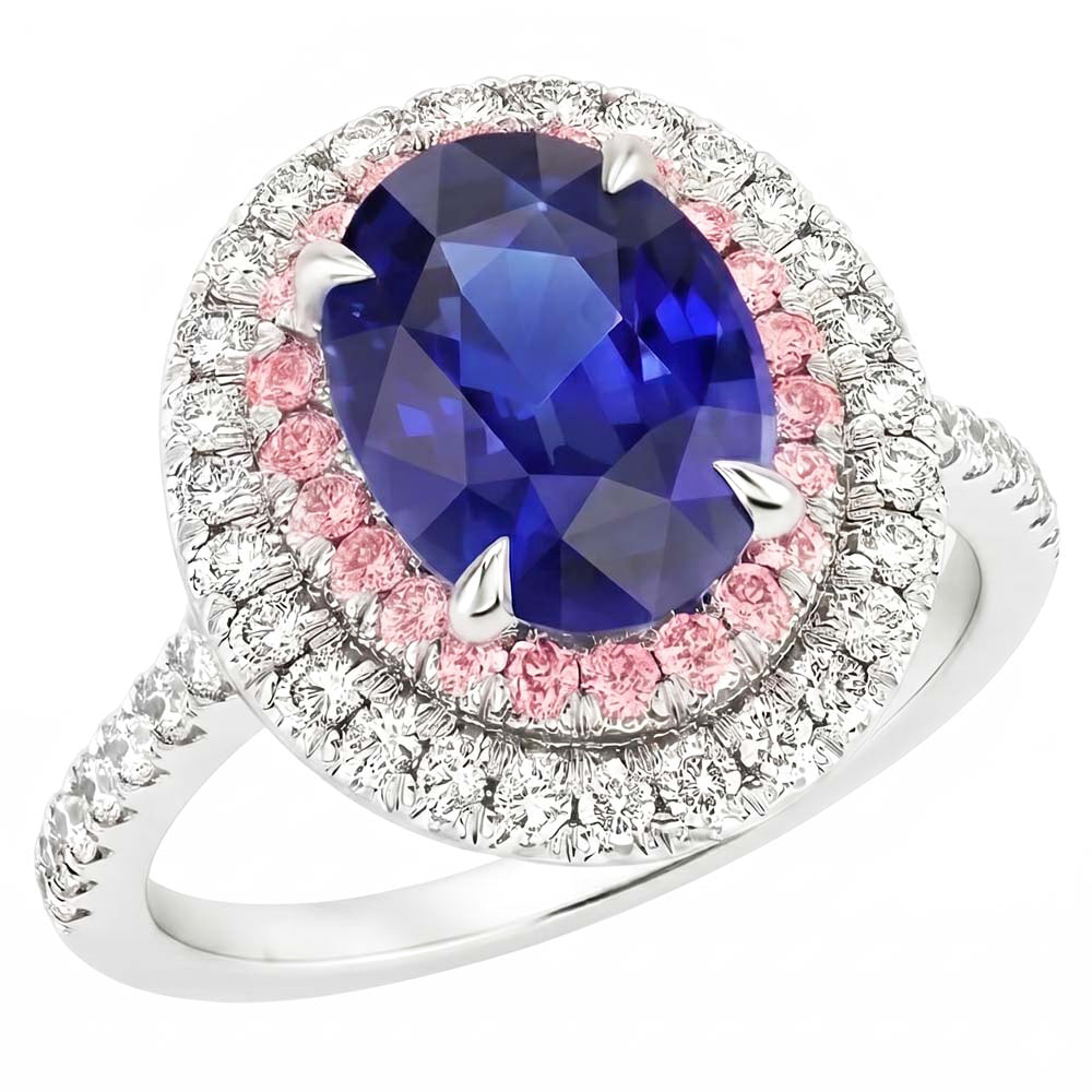 Natural Earth Mined Diamond ( Not Lab Grown ) Double Halo Oval Blue & Pink Sapphire Ring 5 Carats Prong Set