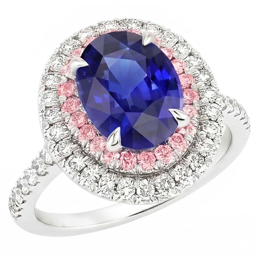 Natural Earth Mined Diamond ( Not Lab Grown ) Double Halo Oval Blue & Pink Sapphire Ring 5 Carats Prong Set