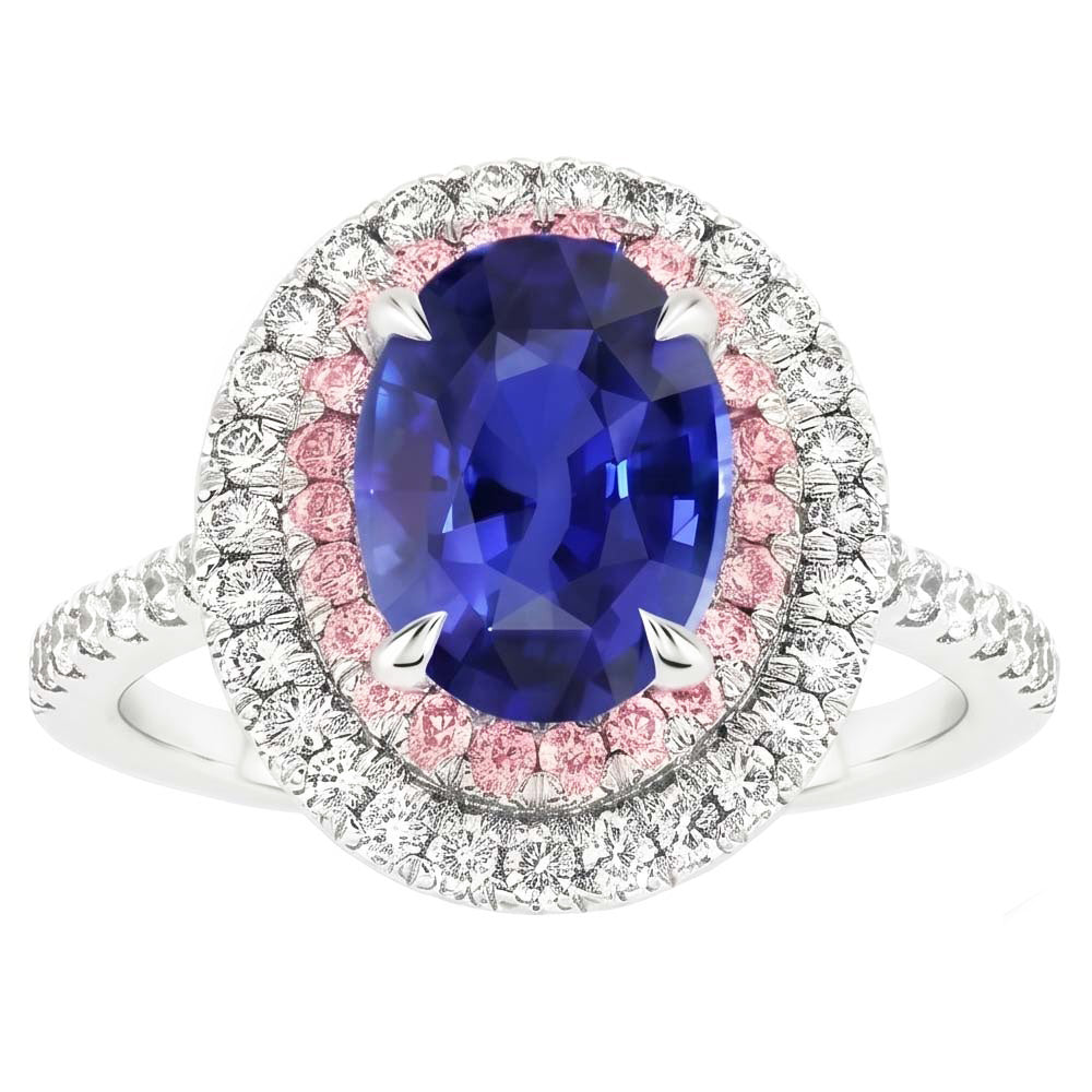 Natural Earth Mined Diamond ( Not Lab Grown ) Double Halo Oval Blue & Pink Sapphire Ring 5 Carats Prong Set