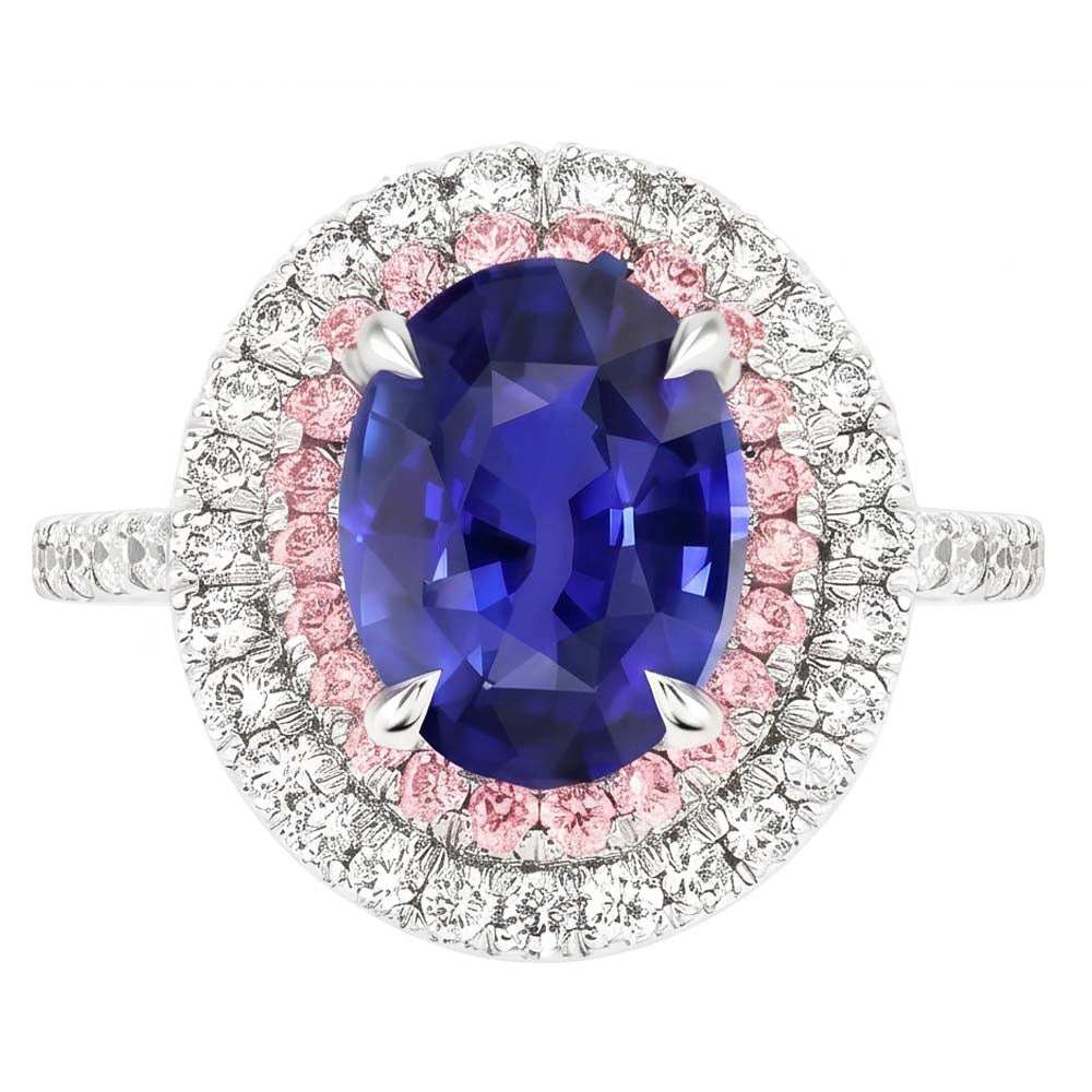 Natural Earth Mined Diamond ( Not Lab Grown ) Double Halo Oval Blue & Pink Sapphire Ring 5 Carats Prong Set