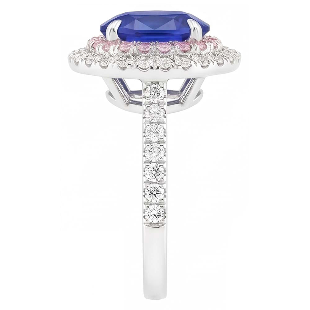 Natural Earth Mined Diamond ( Not Lab Grown ) Double Halo Oval Blue & Pink Sapphire Ring 5 Carats Prong Set