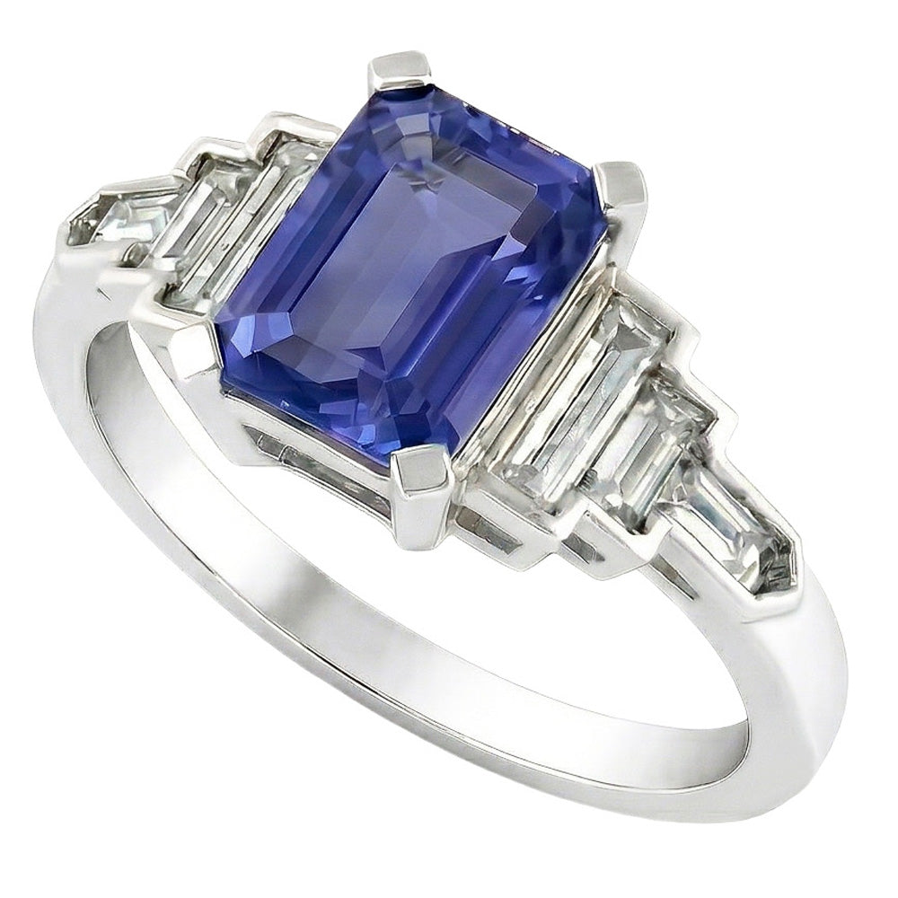 Natural Earth Mined Diamond ( Not Lab Grown ) Emerald Blue Sapphire With Baguette Accents Ring 3 Carats