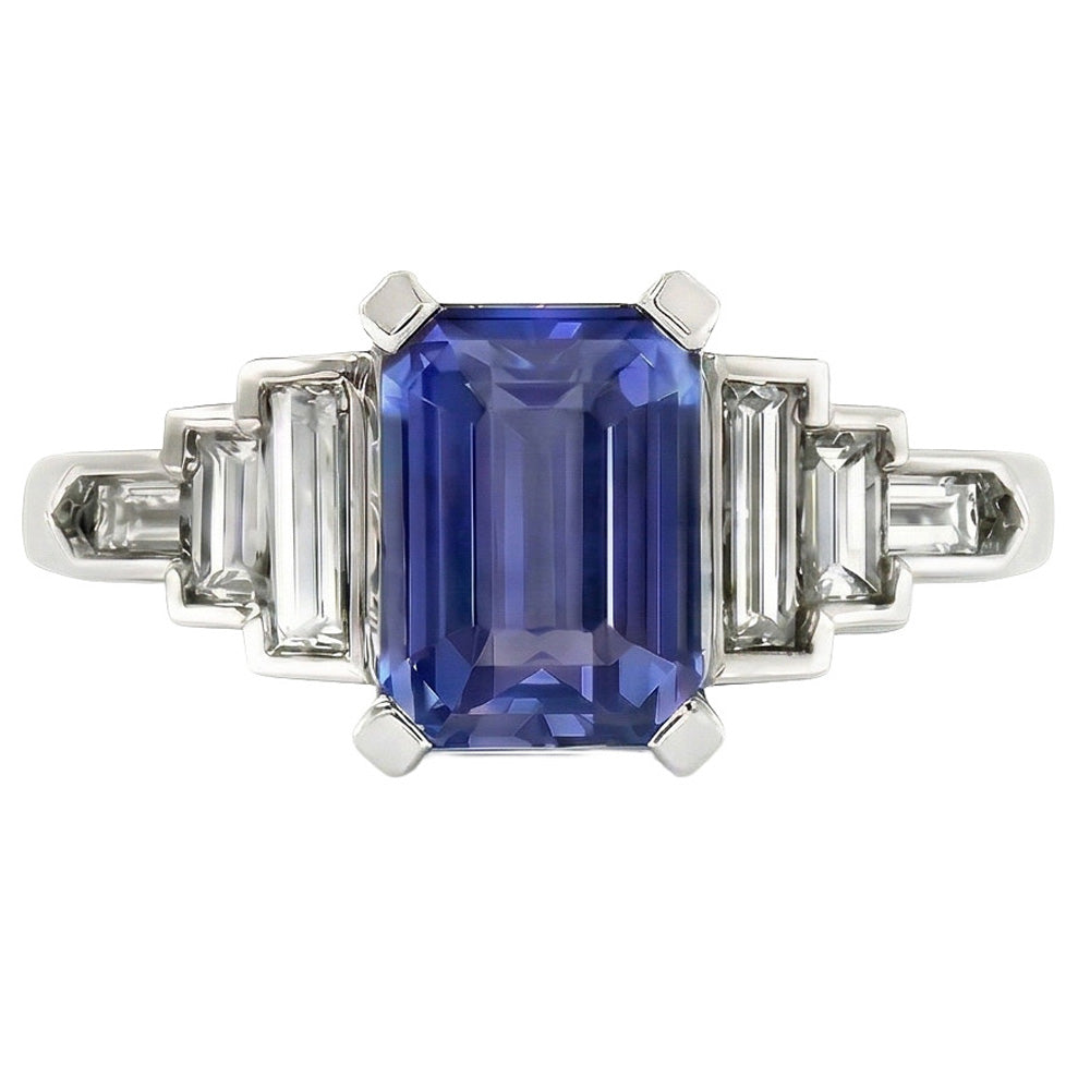 Natural Earth Mined Diamond ( Not Lab Grown ) Emerald Blue Sapphire With Baguette Accents Ring 3 Carats