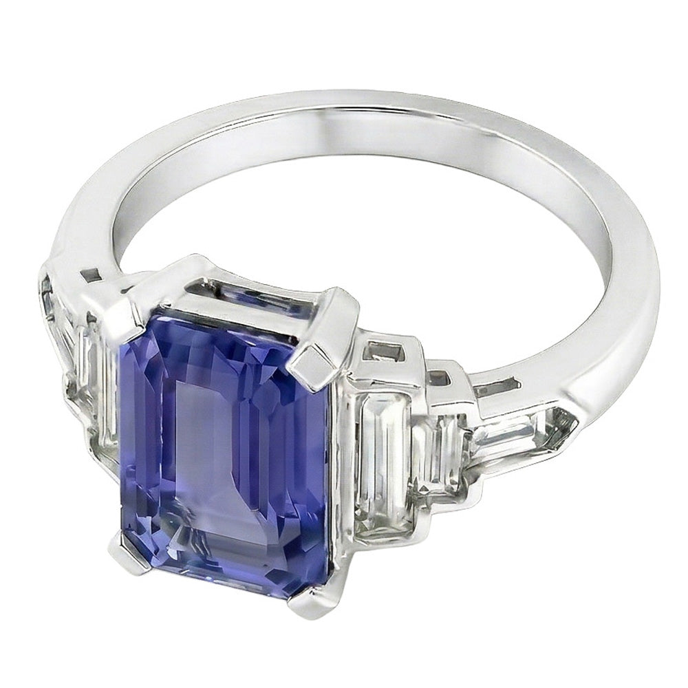 Natural Earth Mined Diamond ( Not Lab Grown ) Emerald Blue Sapphire With Baguette Accents Ring 3 Carats