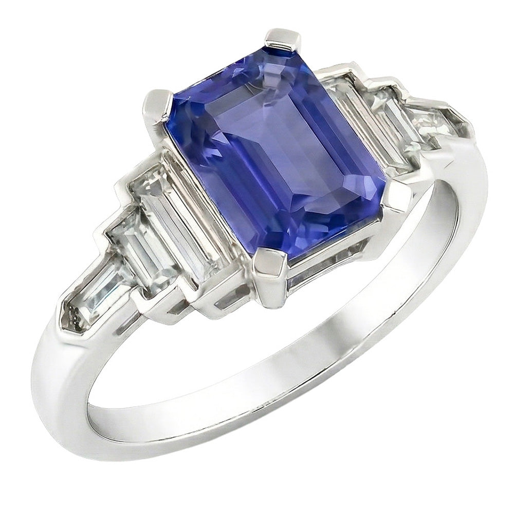Natural Earth Mined Diamond ( Not Lab Grown ) Emerald Blue Sapphire With Baguette Accents Ring 3 Carats