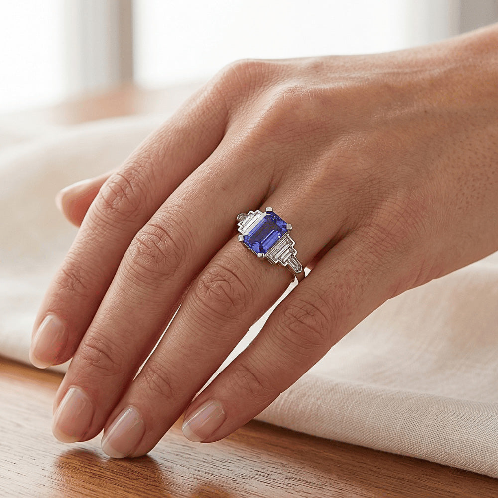 Natural Earth Mined Diamond ( Not Lab Grown ) Emerald Blue Sapphire With Baguette Accents Ring 3 Carats