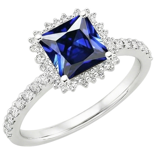 Natural Earth Mined Diamond ( Not Lab Grown ) Engagement Ring Halo Ceylon Sapphire Sunburst Style 6.25 Carat